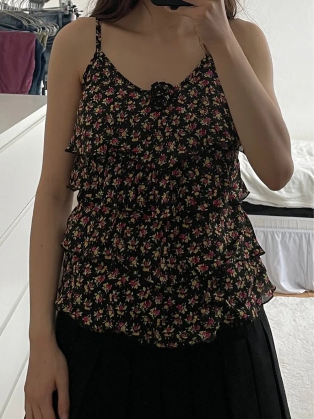 Vintage Y2K Black and Multi-Coloured Floral Tiered Cami Top Size S - Picture 5 of 5